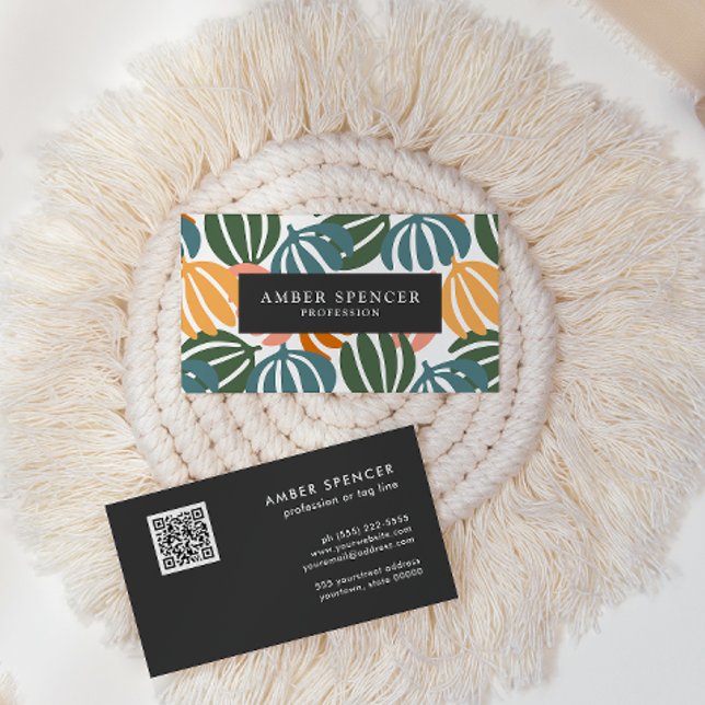 QR CODE RETRO LEAVES GROOVY BOTANICAL BUSINESS CARD (Creator Uploaded)