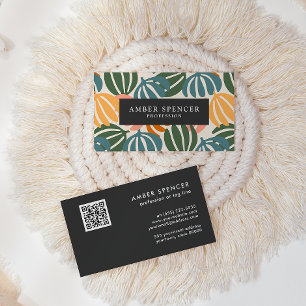 QR CODE RETRO LEAVES GROOVY BOTANICAL BUSINESS CARD