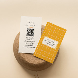 QR Code Retro Orange Checkered  Stripes Trendy  Business Card