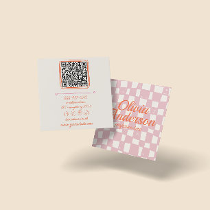QR Code Retro Pink Orange Drawn Chequered Girly Square Business Card