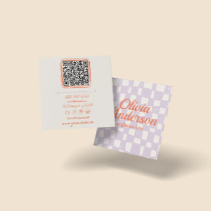 QR Code Retro Purple Hand Drawn Chequered Girly  Square Business Card