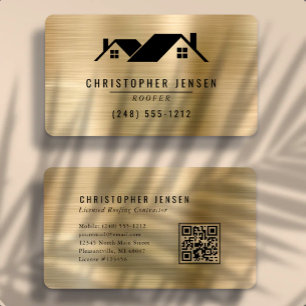 QR Code Roofing Black Gold Metallic Rounded Business Card