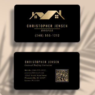 QR Code Roofing Business Black Gold Rounded Business Card