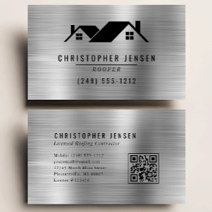 QR Code Roofing Business Black Silver Metallic Business Card