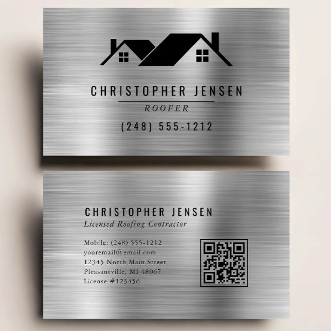 QR Code Roofing Business Black Silver Metallic Business Card (Creator Uploaded)