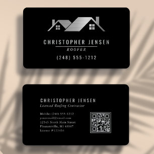 QR Code Roofing Business Black Silver Rounded Business Card