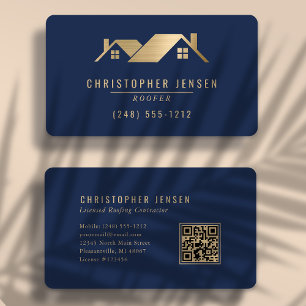 QR Code Roofing Business Navy Blue Gold Rounded Business Card