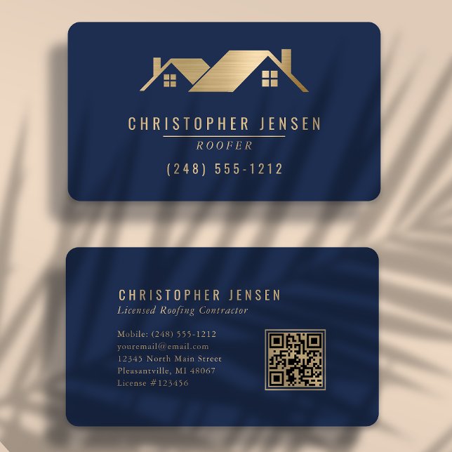 QR Code Roofing Business Navy Blue Gold Rounded Business Card (Creator Uploaded)