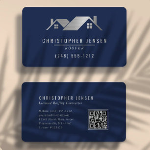 QR Code Roofing Business Navy Blue Silver Rounded Card