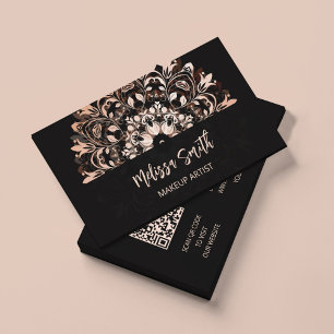 QR Code Rose Gold Black Floral Mandala Business Card