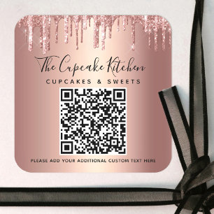 QR Code Rose Gold Copper Glitter Drips Business Square Sticker