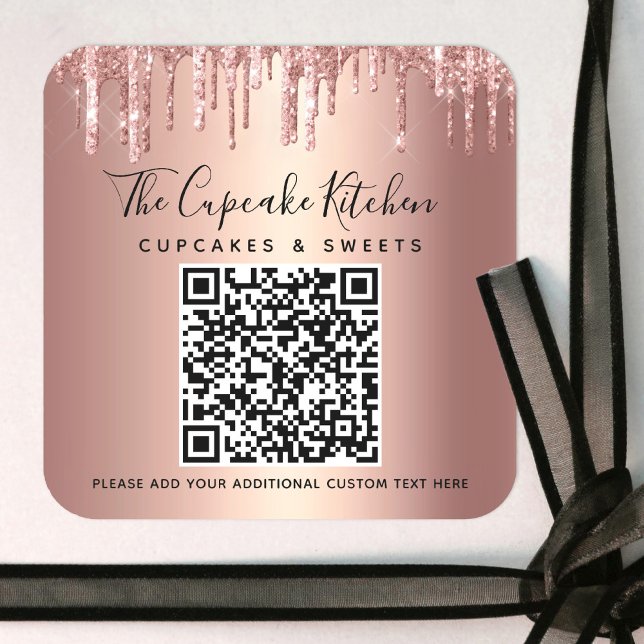 QR Code Rose Gold Copper Glitter Drips Business Square Sticker (Creator Uploaded)