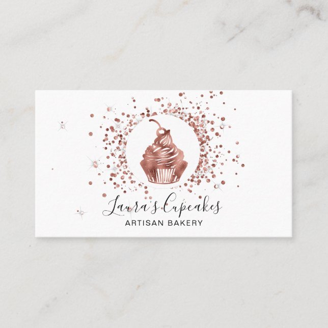 QR Code Rose Gold Cupcake Bakery Chef Cake Business Card (Front)