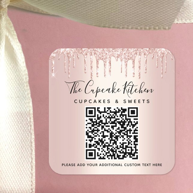 QR Code Rose Gold Glitter Drips Business Name Square Sticker (Creator Uploaded)