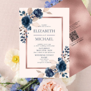 QR Code Rose Gold Navy Blue Dusty Pink Floral Invitation