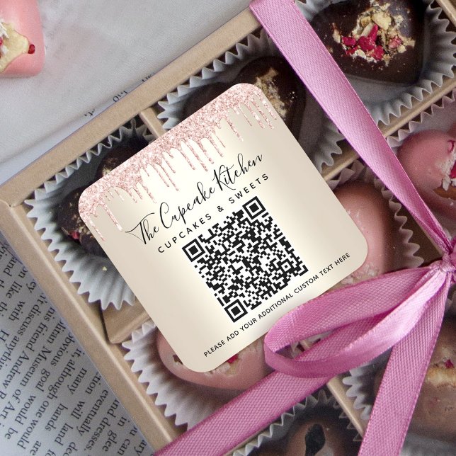 QR Code Rose Pink Glitter Drips Gold Business Name Square Sticker (Creator Uploaded)