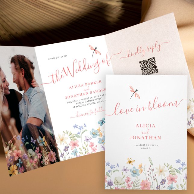 QR code RSVP all in one floral wedding Tri-Fold Invitation (Creator Uploaded)