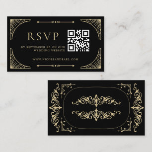 Qr Code RSVP Black Elegant Deco Gold Retro Wedding Enclosure Card