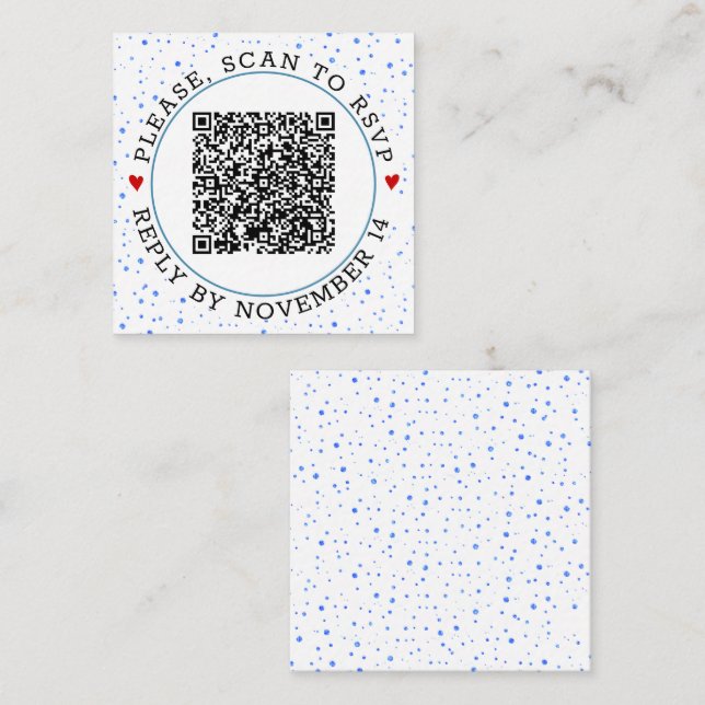 QR code RSVP blue border and confetti Enclosure Card (Front/Back)