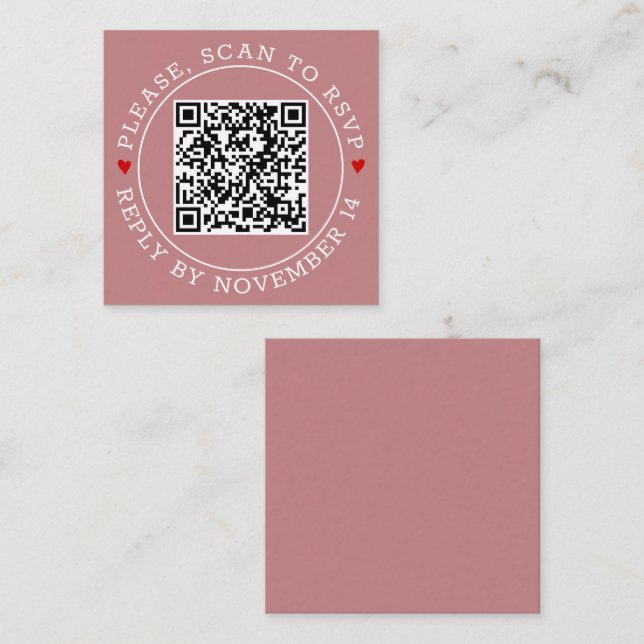 QR code RSVP border and hearts dusty rose wedding Enclosure Card (Front/Back)