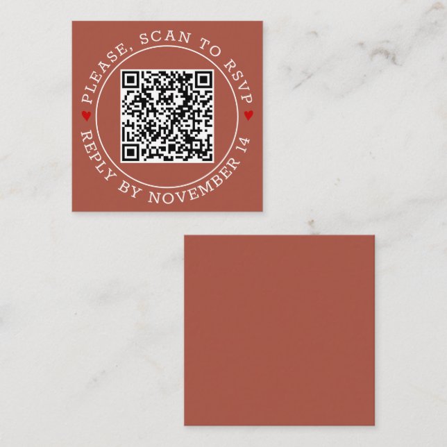 QR code RSVP border and hearts terracotta wedding Enclosure Card (Front/Back)