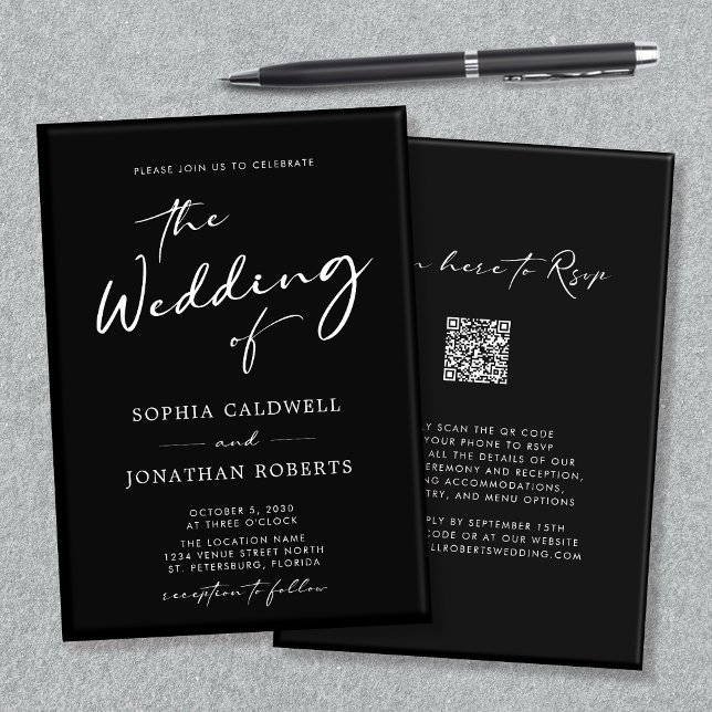 QR Code RSVP Calligraphy Black and White Wedding I Invitation (QR Code RSVP Modern Calligraphy Black and White Double Sided Wedding Invitation)