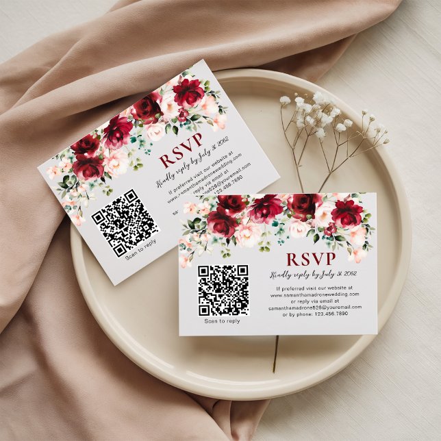 QR Code RSVP Card Burgundy Blush Floral Wedding (Creator Uploaded)