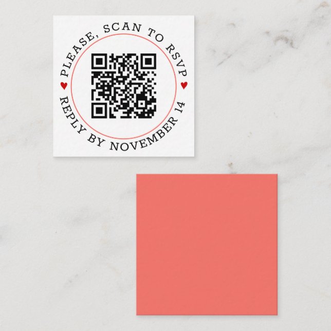 QR code RSVP coral border with hearts wedding Enclosure Card (Front/Back)