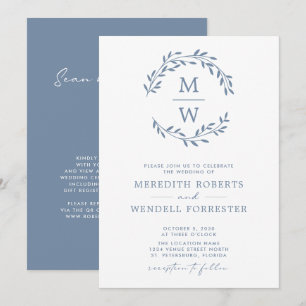 QR Code RSVP Dusty Blue Monogram Wreath Wedding Invitation