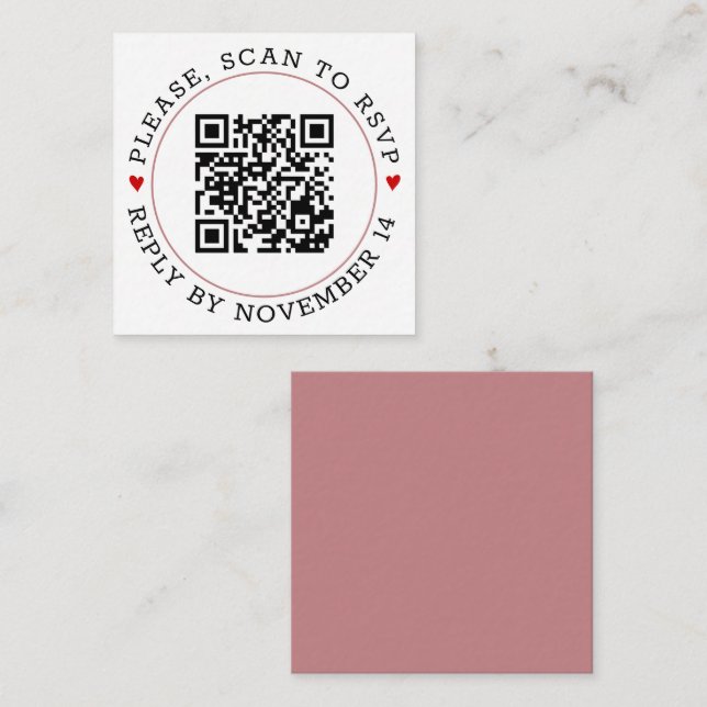 QR code RSVP dusty rose border and hearts wedding Enclosure Card (Front/Back)