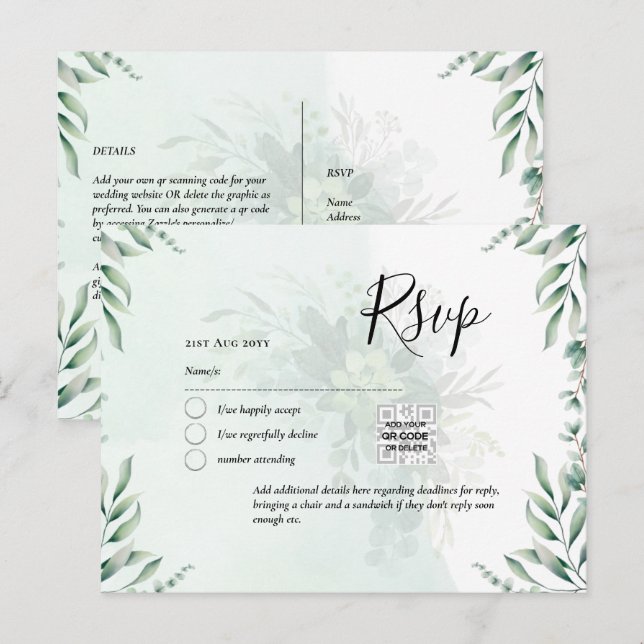 QR CODE RSVP Eucalyptus Leaves Greenery Wedding Po Postcard (Front/Back)