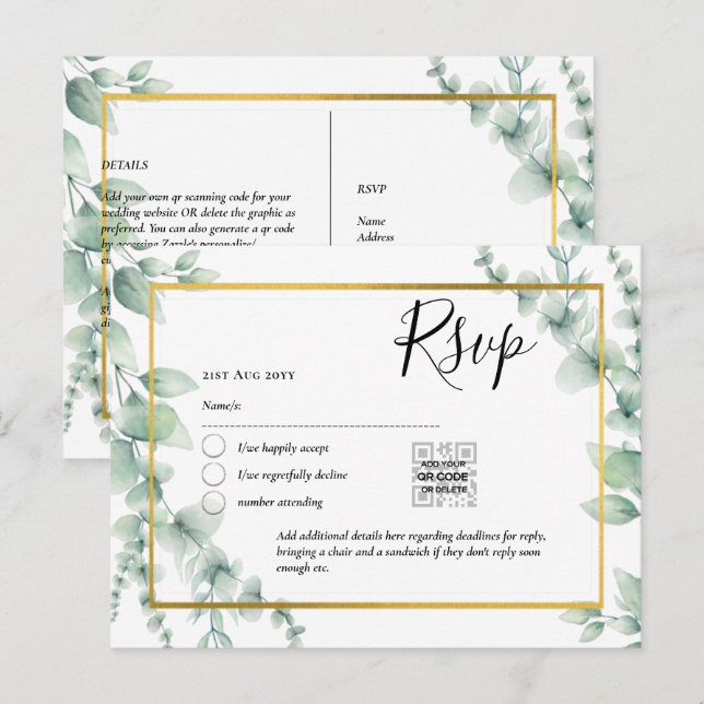 QR CODE RSVP Eucalyptus Leaves Greenery Wedding Po Postcard (Front/Back)