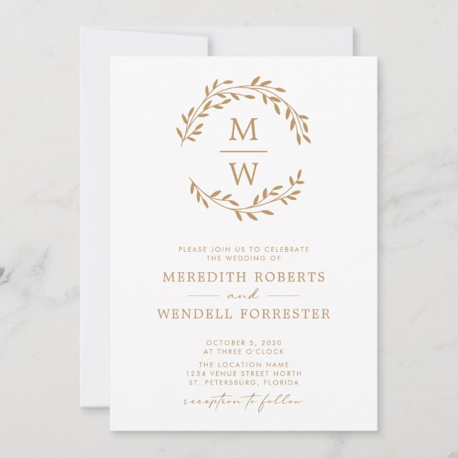 QR Code RSVP Gold on White Monogram Wreath Wedding Invitation (Front)