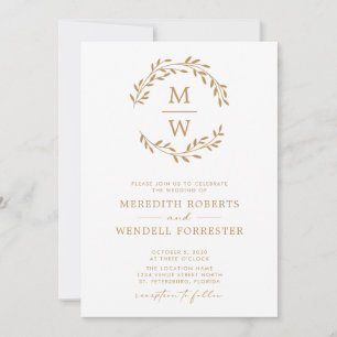 QR Code RSVP Gold on White Monogram Wreath Wedding Invitation