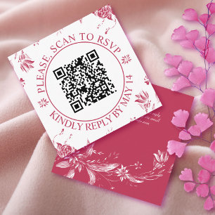 QR code RSVP, magenta flowers floral wedding Enclosure Card