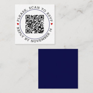 QR code RSVP navy blue border and hearts wedding Enclosure Card