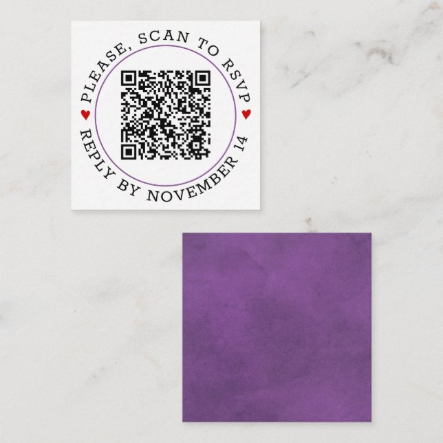 QR code RSVP purple border and hearts wedding Enclosure Card (Front/Back)