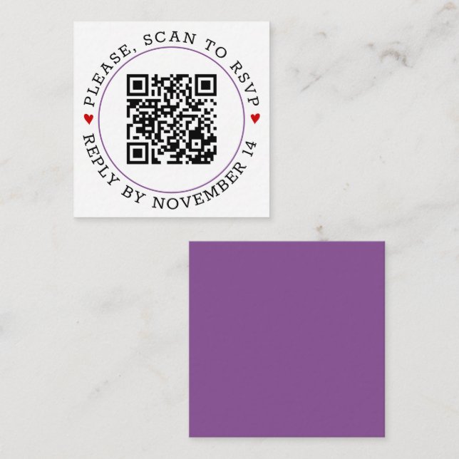 QR code RSVP purple border with hearts wedding Enclosure Card (Front/Back)