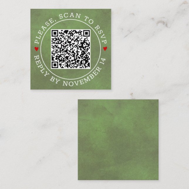 QR code RSVP stained green, hearts wedding Enclosu Enclosure Card (Front/Back)