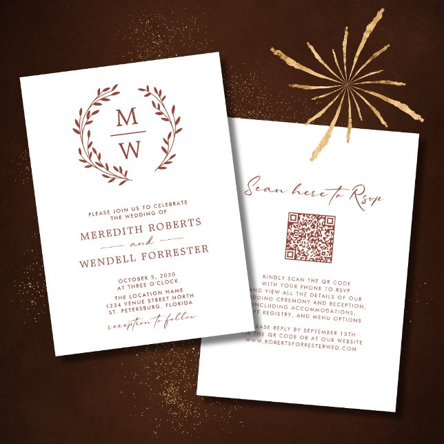 QR Code RSVP Terracotta Monogram Wreath Wedding Invitation (Wedding Invitation Terracotta Monogram Wreath QR Code White Background)