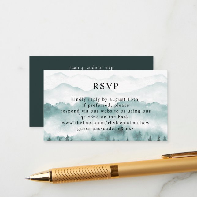 QR Code RSVP Wedding Rustic Mountain Pine Enclosure Card (Front/Back In Situ)