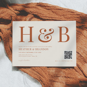 QR Code Rust Monogram Wedding Invitation 