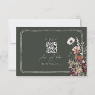 QR Code Rustic Anemone Floral Green Wedding RSVP Card