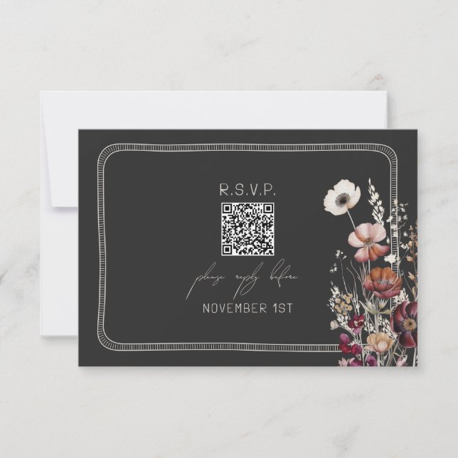 QR Code Rustic Anemone Floral Grey Wedding RSVP Card (Front)