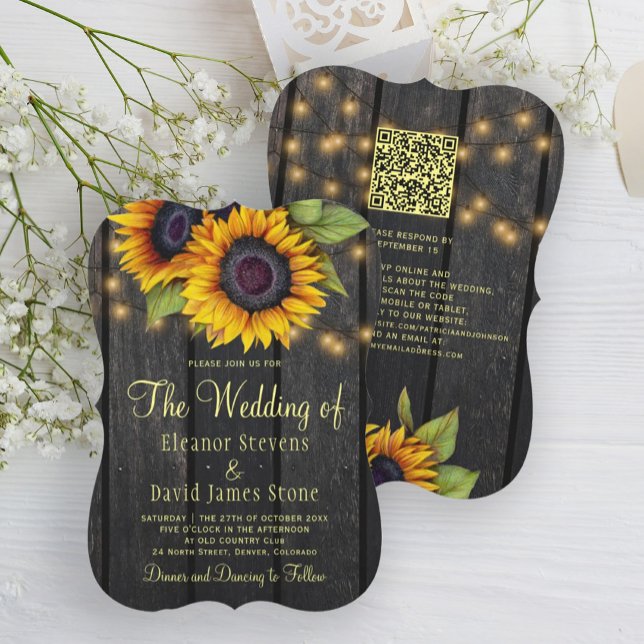 QR code rustic country sunflower barn wood wedding Invitation (Creator Uploaded)