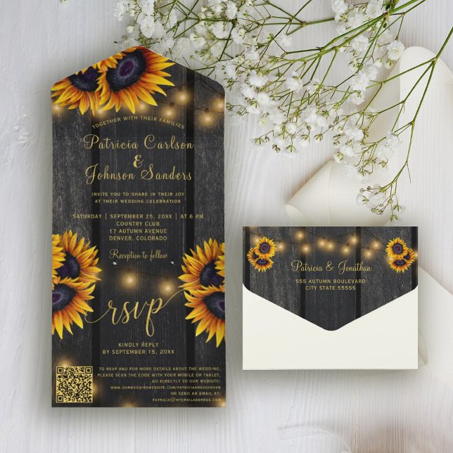 QR code rustic gold sunflower barn wood wedding  All In One Invitation (Creator Uploaded)