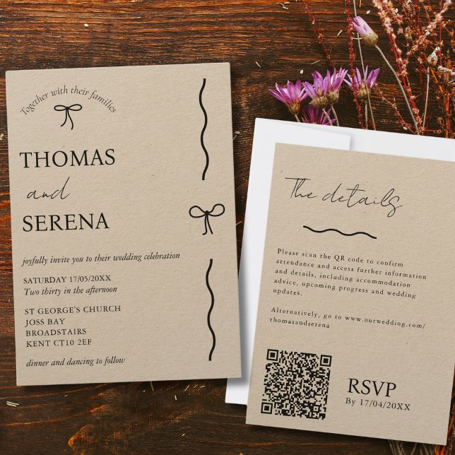 QR Code Rustic Kraft (editable) Budget Bow Wedding Invitation (Creator Uploaded)