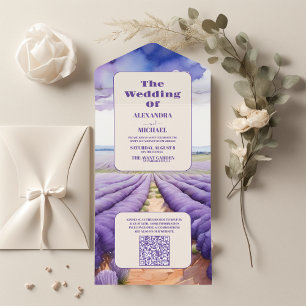 QR Code Rustic Lavender Wedding All In One Invitation