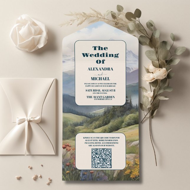 QR Code Rustic Mountain Meadow Wedding All In One Invitation (Creator Uploaded)