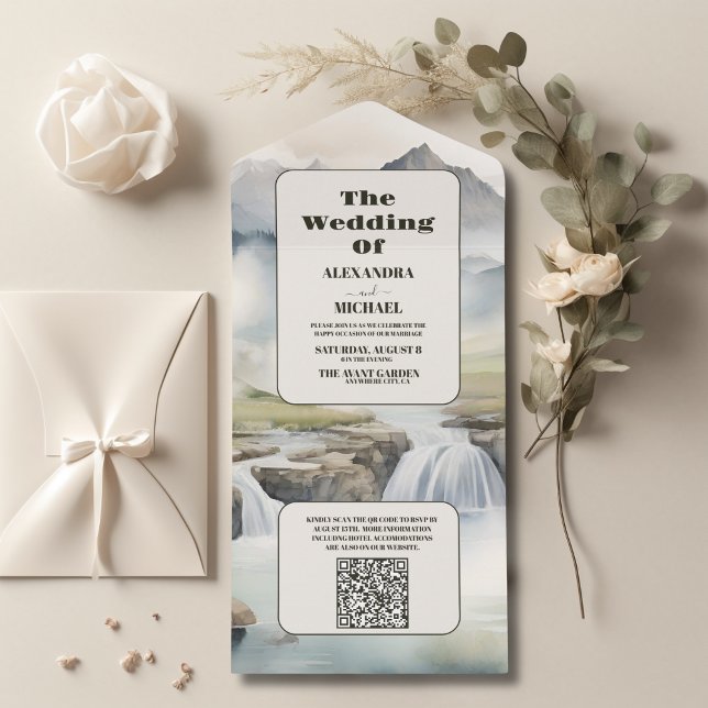 QR Code Rustic Mountain Waterfall Boho Wedding All In One Invitation (Creator Uploaded)